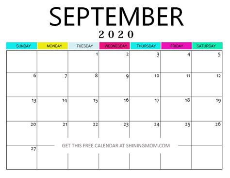 Free Printable September 2020 Calendar 12 Pretty Styles