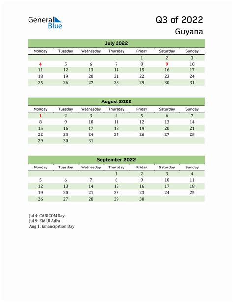 Quarterly Calendar 2022 With Guyana Holidays