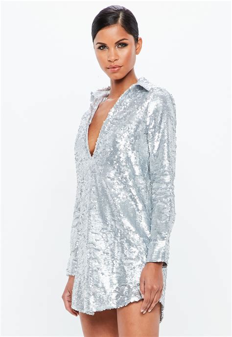 Missguided Synthetic Silver Sequin Cuffed Shirt Dress In Metallic Lyst