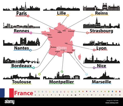 France Map With Largest Cities Skylines Silhouettes Vector Set Stock