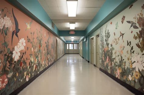 Premium Ai Image School Hallway With Intricate Mural Of Birds And