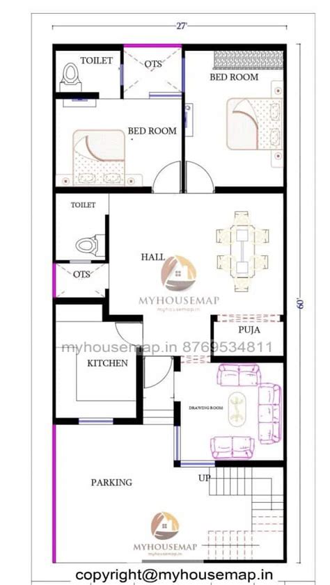 27×60 Ft House Plan 2 Bhk With Car Parking And Stair Outside