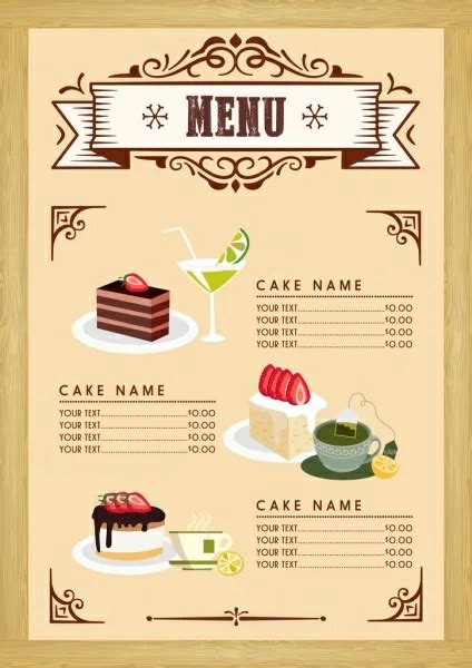 Dessert Menu Template Cake Beverages Icons Classical Design Vectors