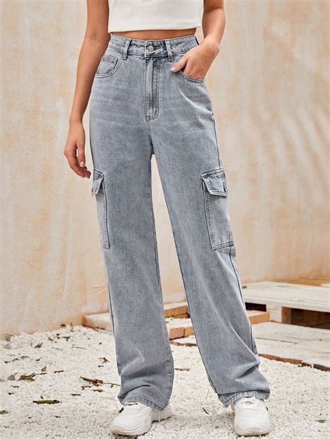 High Waisted Flap Pocket Side Baggy Jeans Shein Usa Jeans Cargo