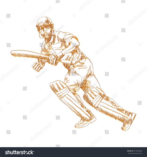 Handdrawn Cricketer Sketch Gold On White Stock Illustration 377894980