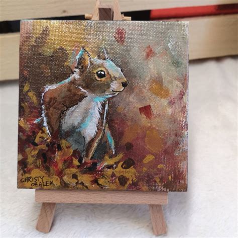 Autumn Squirrel Tiny Acrylic Painting Gallery Wall Art Home Decor By