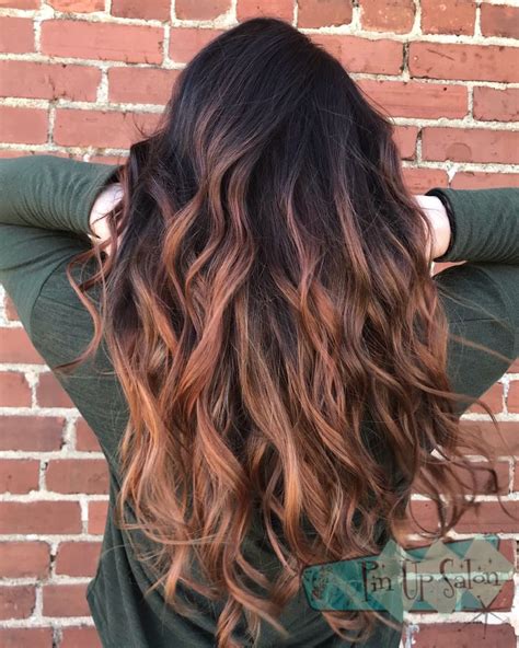 This Copper Balayage With A Dark Root Is By Shelby Light Brown Hair Copper Balayage Hair Styles