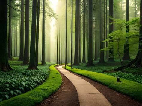 Premium Ai Image A Path Through A Forest With Trees And The Sun