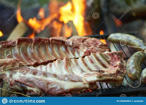 Bbq Asado Cooked On Open Fire Stock Image Image Of Asado Argentinian