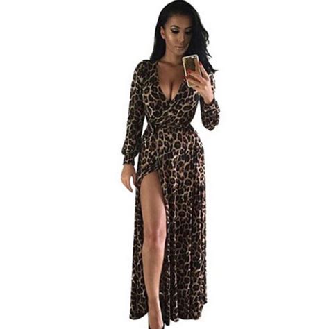 Sexy Leopard Summer Dress Women Maxi Bandage Dresses Long Sleeve Deep V