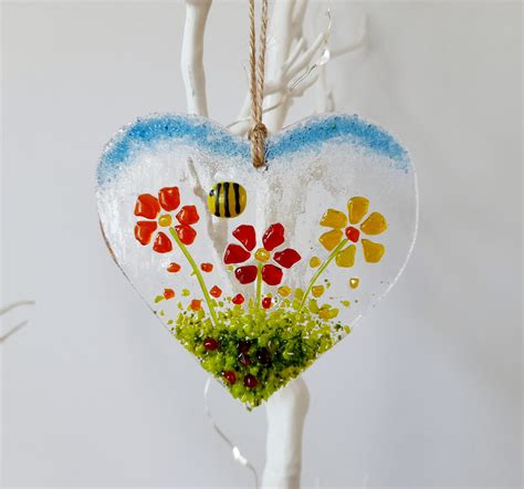 Hanging Fused Glass Heart With Flowers And Bee Valentine S Etsy