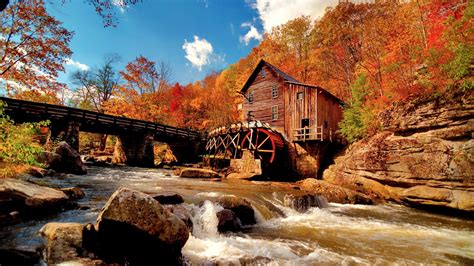 Autumn Fall Tree Forest Landscape Nature Leaves Mill River Bridge