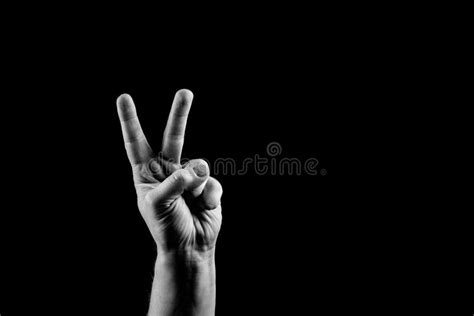 Victory Gesture Hand Showing V Sign Black And White Copy Space Stock