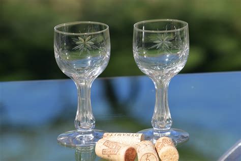 Vintage Etched Hollow Stem Wine Glasses Set Of 5 Antique Wine Glasses Starburst Etched Hollow