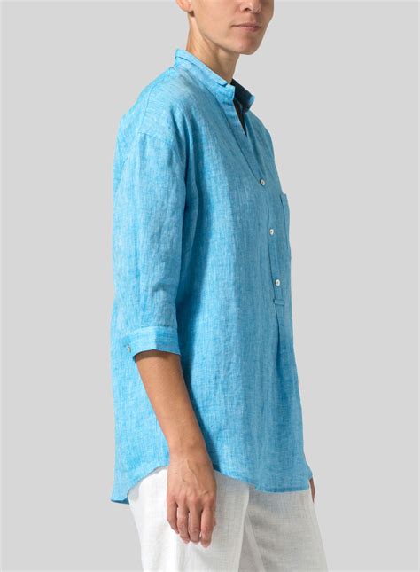 linen blouse with v neck mandarin collar
