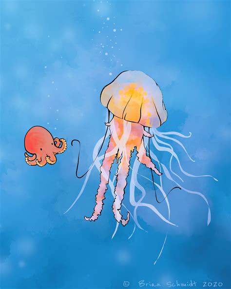 Octopus Art Print Jellyfish And Octo Friends Ocean Animal Etsy