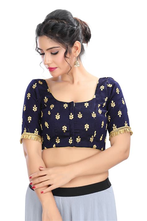 Ethnic Indian Navy Blue Embroidered Sari Saree Blouse Choli With Round