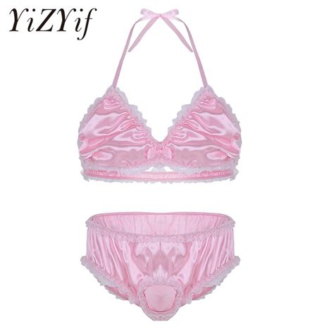 Yizyif 2pcs Mens Shiny Satin Ruffle Lace Up Sissy Lingerie Set Gay Sexy Homme Bra Top With Open