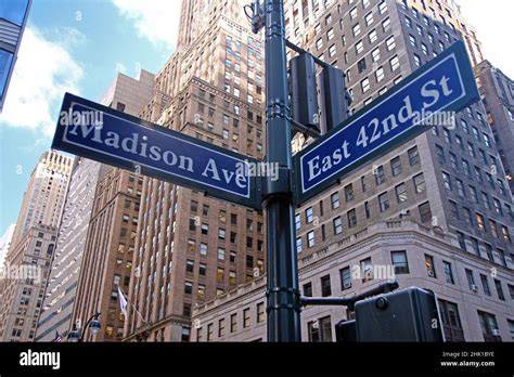 Blue East 42nd Street And Madison Avenue Historic Sign In Midtown