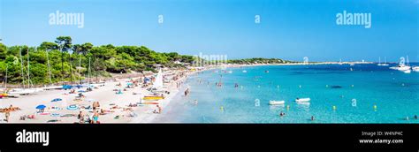 Panoramic Image Lot Crowd Of Unrecognizable People Swimming And Sunbathing On The Picturesque
