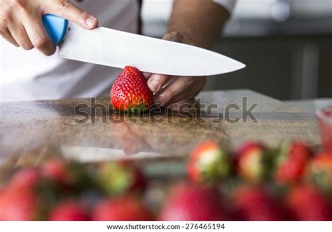 Closeup Chef Cutting Strawberries Stock Photo Edit Now 276465194