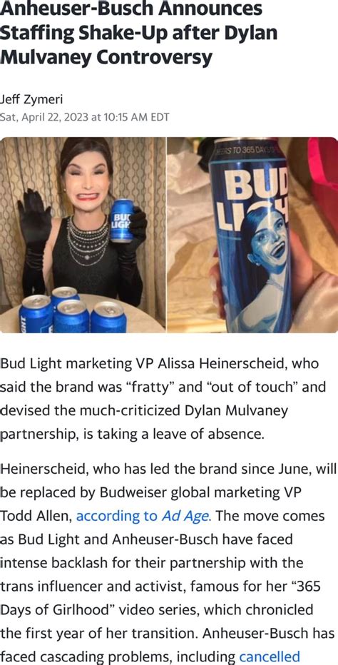 Anheuser Busch Announces Staffing Shake Up After Dylan Mulvaney Controversy Jeff Zymeri Sat