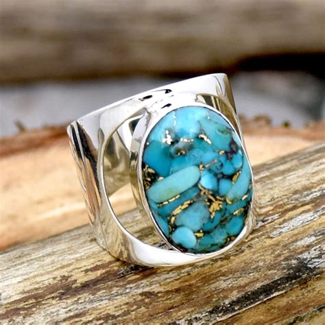 Blue Copper Turquoise Ring Sterling Silver Ring Oval Etsy