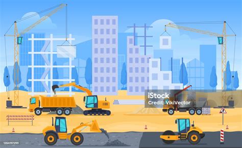 Building House Construction Site Vector Flat Cartoon Illustration