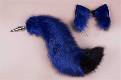 Black And Blue Fox Tail Plug And Ear And Tail Set Neko Cosplay Etsy