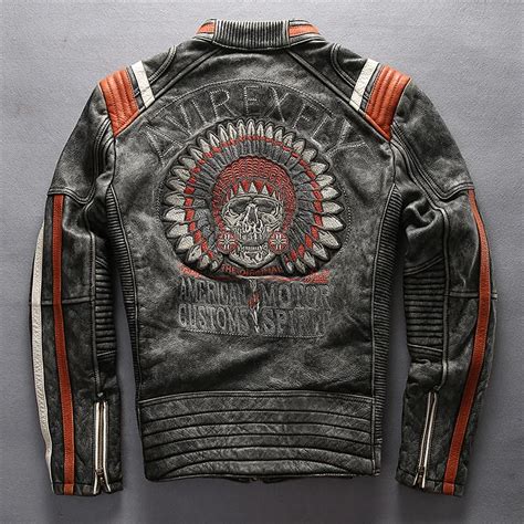 Avirexfly Mens Punk Style Embroidery Skulls Leather Motorcycle Jacket