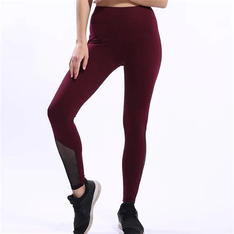 Besgo Yoga Pants For Women High Waist Voguish Wine Red Mesh Patchwork