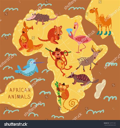 Map Of Africa With Cute Animals In Vector African Animals Set