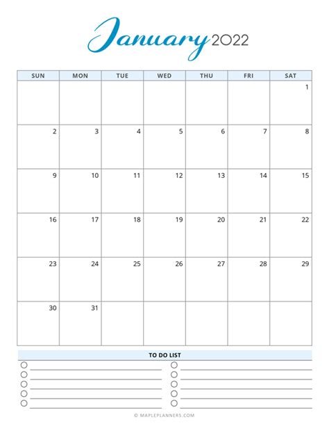 Free Printable January 2022 Calendar Template