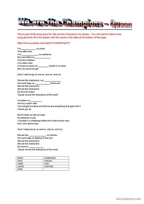 Fill In The Blanks Song Lyrics Works English Esl Worksheets Pdf And Doc