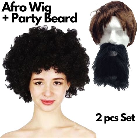 Buy 2pc Set Black Jumbo Afro Wig Party Beard Moustache Costume Fancy Dress Fake Hair Mydeal