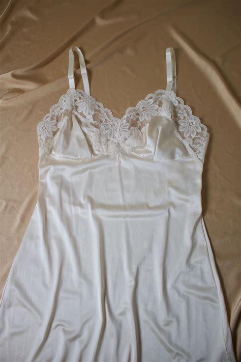 Vintage White Satin Slip Dress Lace Flowers Lorraine Etsy