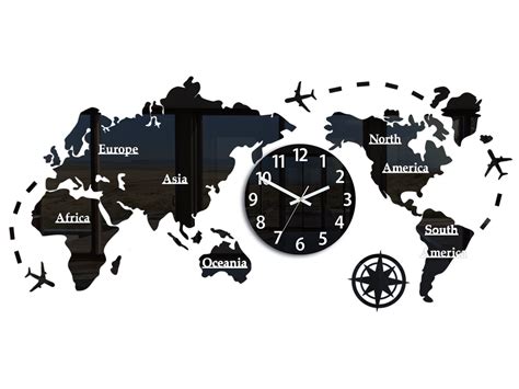 Large Wall Clockblack Silent World Clock World Map 110cm X 55cm