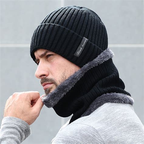 Fleece Lined Warm Beanie Hat Men Women Knitted Cap Winter Hat Scarf Set