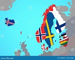 Northern Europe with Flags on Map Stock Illustration - Illustration of ...