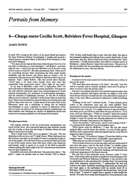 Portraits From Memory 6 Charge Nurse Cecilia Scott Belvidere Fever Hospital Glasgow The Bmj