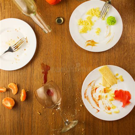 Messy Table After Party Leftover Food Spilled Drinks Stock Photo