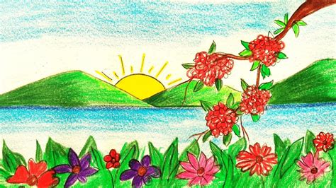 How To Draw Easy Scenery Flower Garden Scenery Drawing Spring