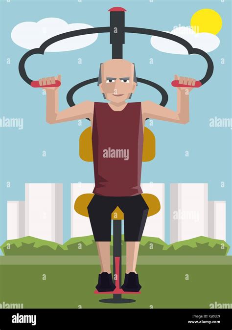 Old Man Working Out At Outdoor Gym Colorful Cartoon Vector
