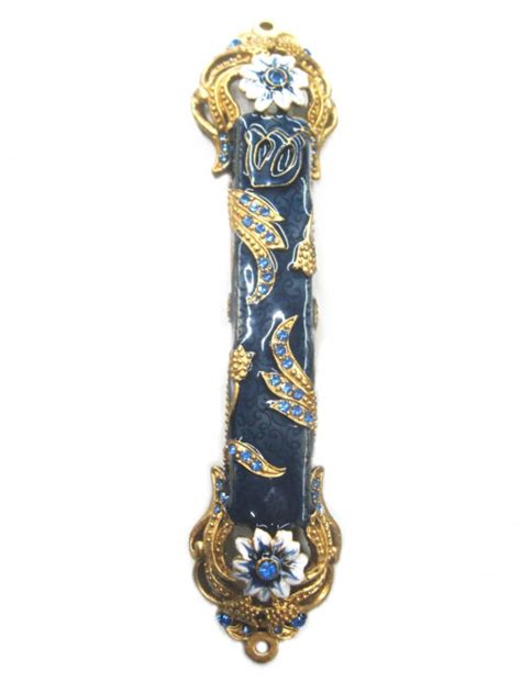 Mezuzah Case Metal Gold Blue And White Eichlers