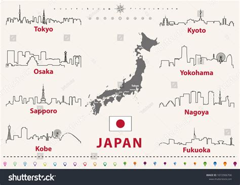 Japan Cities Skylines Vector Outline Icons Stock Vector Royalty Free