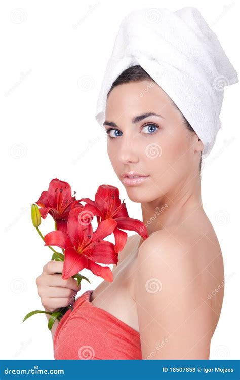 Woman After Bath With Flower Stock Photo Image Of Beautiful Concept