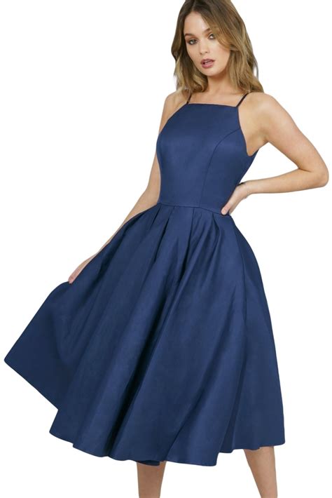 A Line Dress Elegant Summer Party Navy Blue Spaghetti Strap High Neck