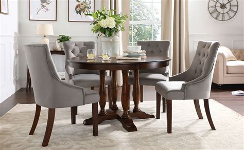 Highgrove Round Dark Wood Dining Table With 4 Duke Grey Velvet Chairs