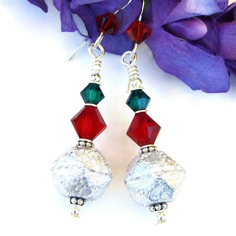 Christmas Holiday Earrings Silver Red Green Crystals Handmade Jewelry