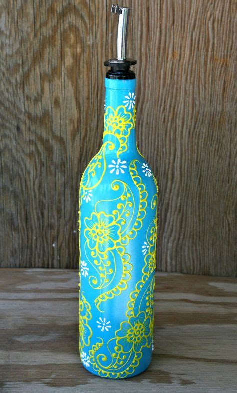 Hand Painted Wine Bottle Vase Up Cycled Turquoise And Coral Orange